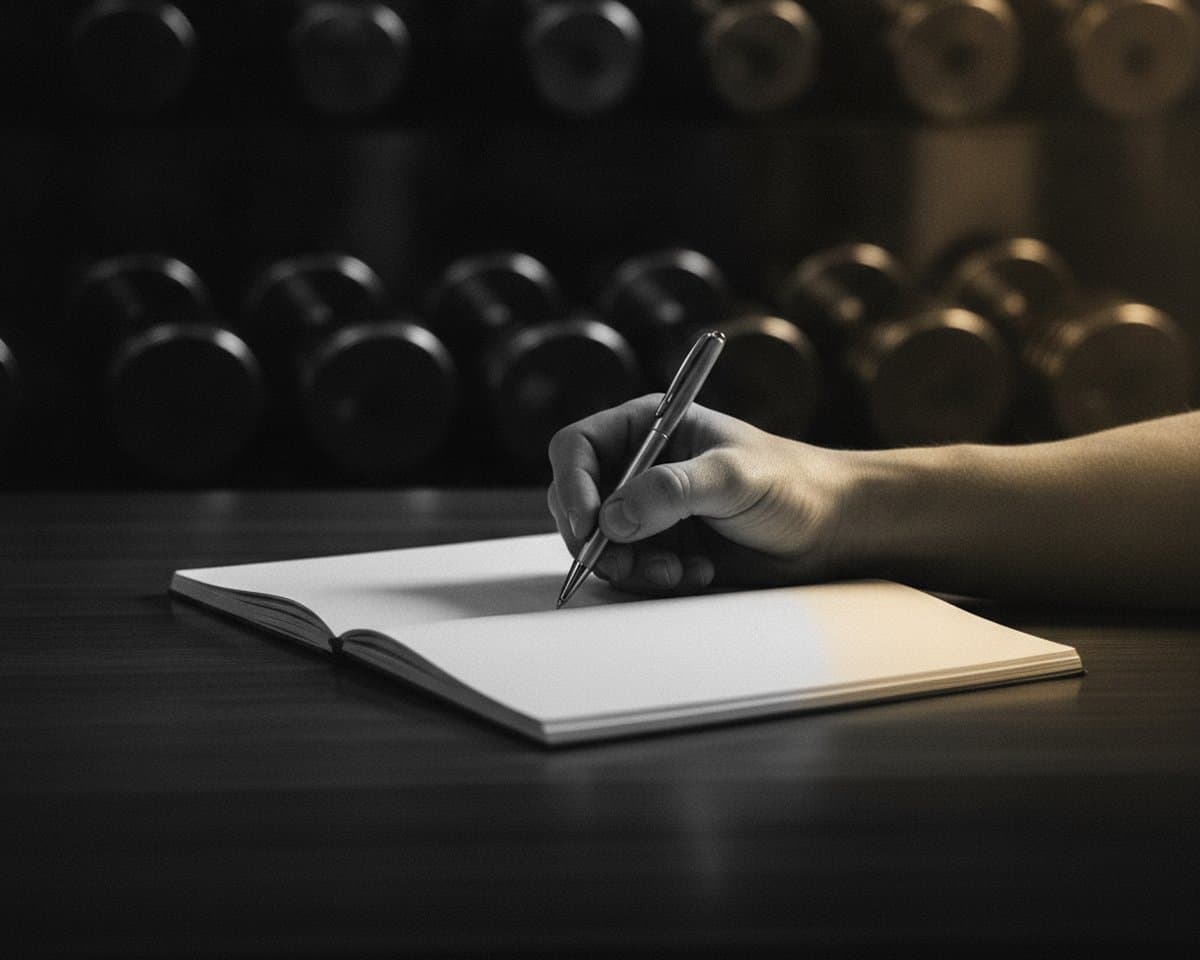 Una mano escribe en un cuaderno en blanco, con una fila de mancuernas desenfocada al fondo.