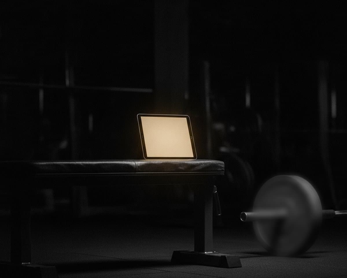 Una tableta encendida apoyada en un banco de gimnasio, con una barra cargada en el piso.