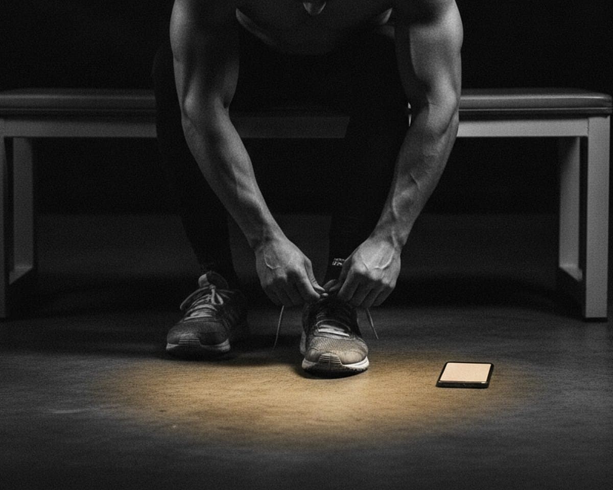 Una persona se ata las zapatillas sentada en un banco, con un teléfono encendido en el piso.