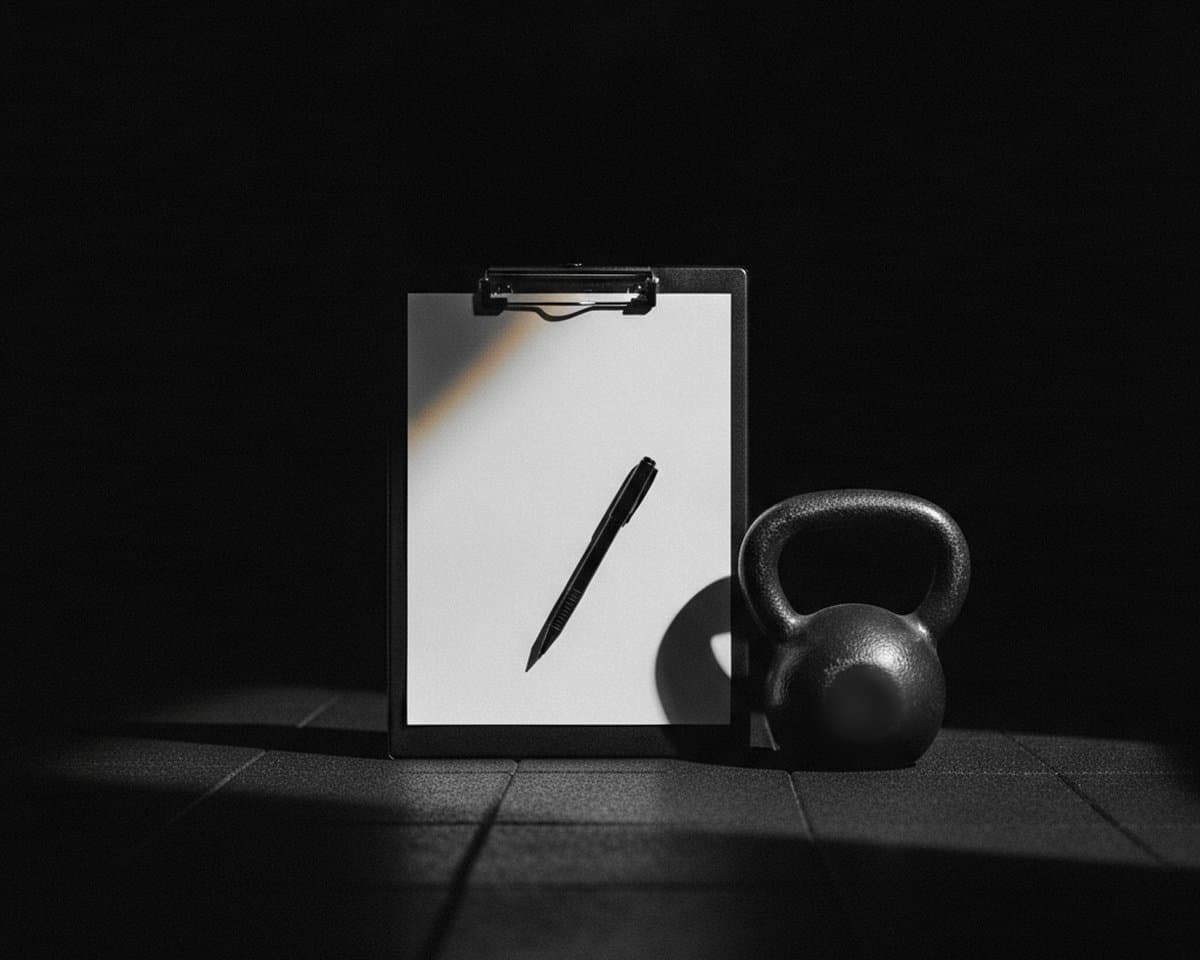 Una tabla con una hoja en blanco y un bolígrafo apoyada en el piso de un gimnasio, junto a una pesa rusa.