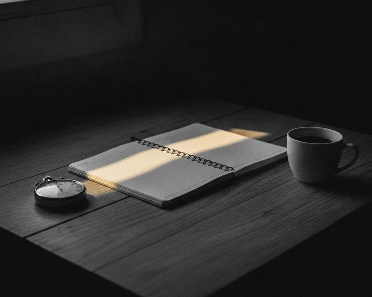 Una agenda abierta, un cronómetro y una taza de café sobre una mesa de madera, con una franja de luz.