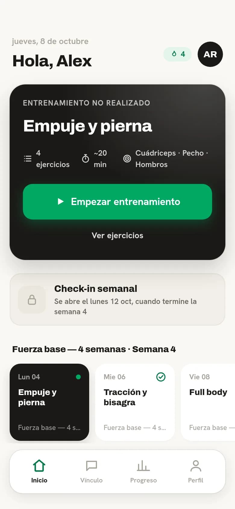 App del alumno de SomaUp con la sesión del día y el botón Empezar entrenamiento